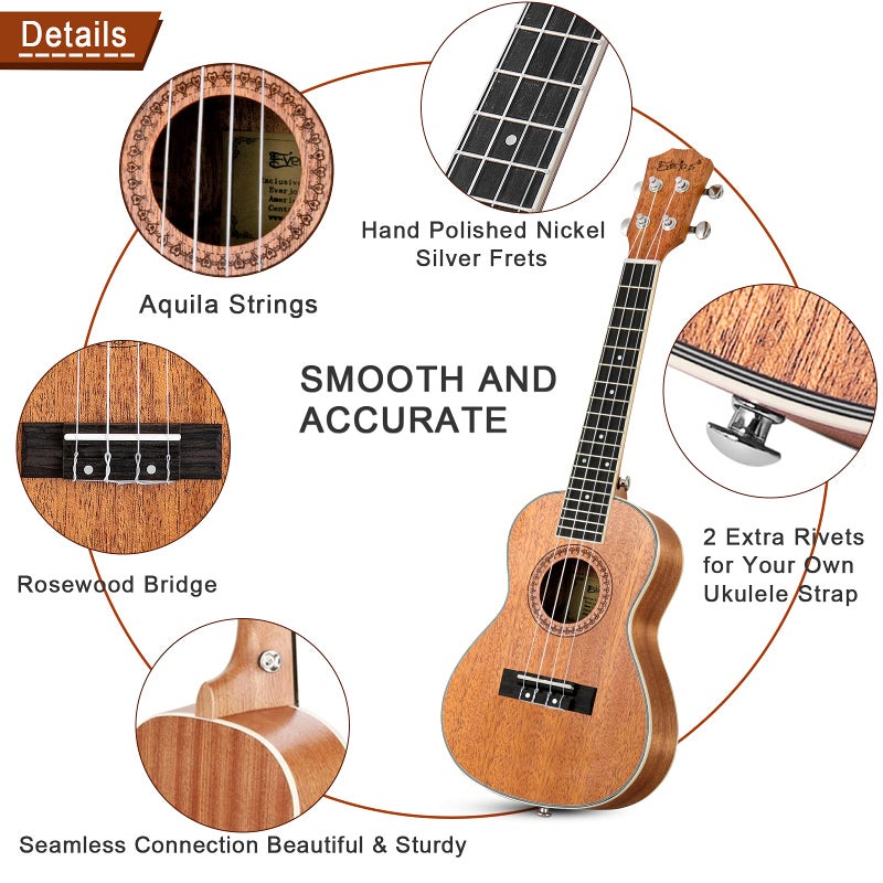 Everjoys Concert Ukulele Mahogany - 23 inch Professional Wooden Ukelele w/Free Online Lesson Uke Strap Case Picks Strings - Image 2